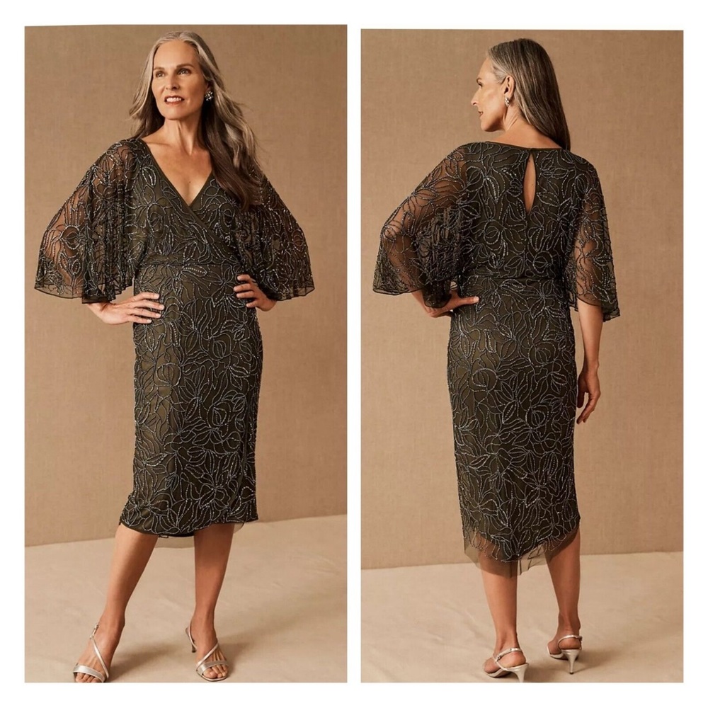 BHLDN Hannon Beaded Olive Green Midi Dress • Women’s 6